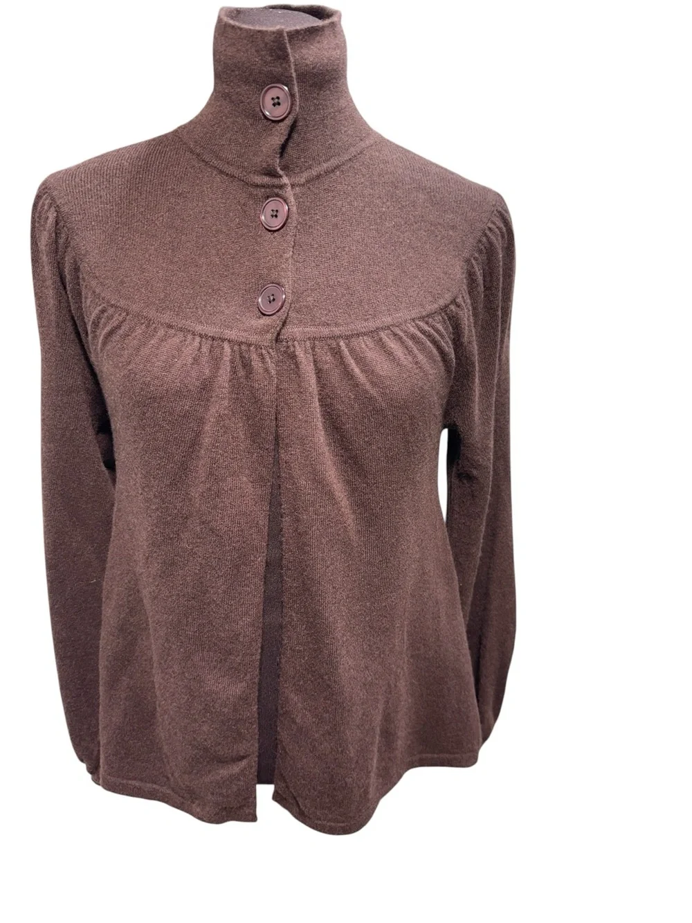 VTG Kenar 100% Cashmere Open Front Mock Neck Button Sweater Cardigan Chocolate M - Picture 3 of 11